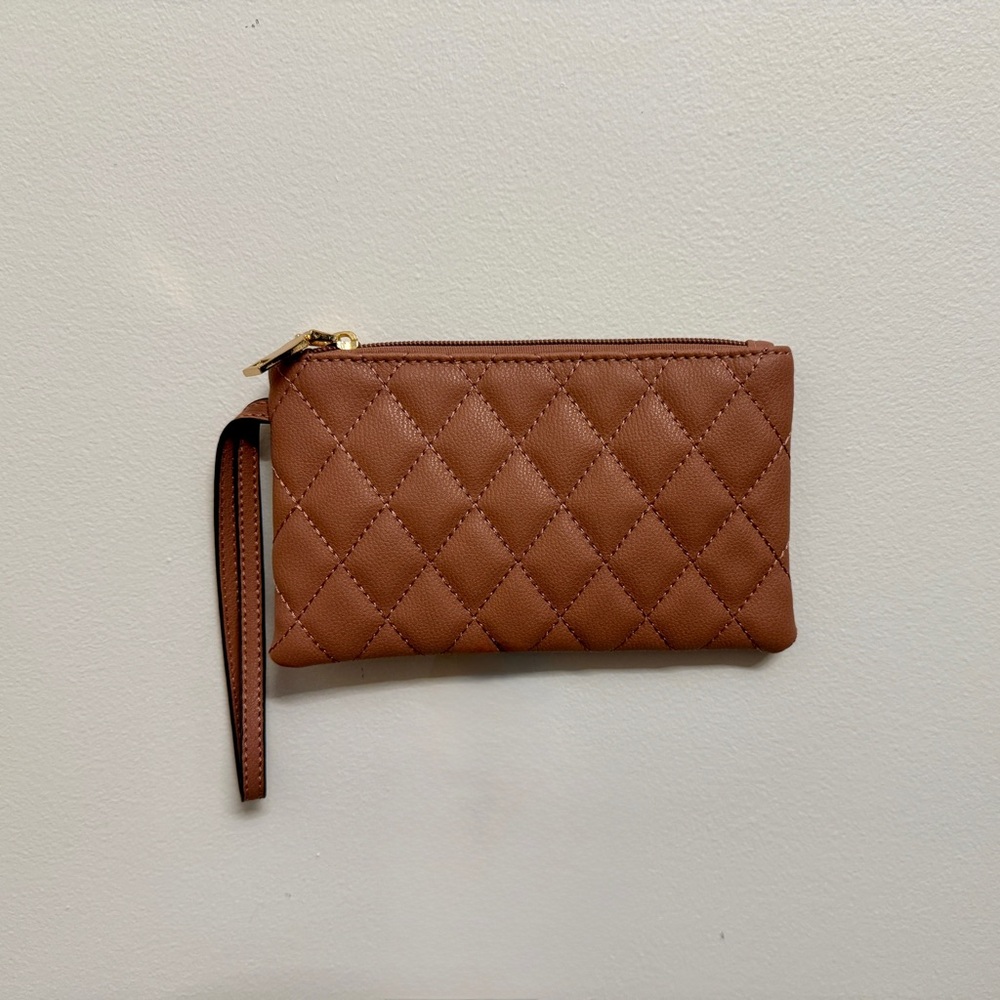 Faux Leather Brown Quilted Wristlet